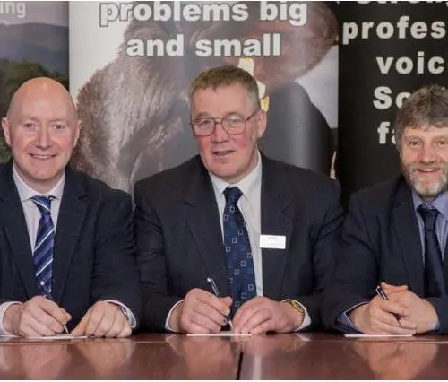 A colour image of NFU Scotland officeholders (from left): Gary Mitchell, Andrew McCornick and Martin Kennedy Edradynate tenant farmer, Luxury Country House and Sporting Estate, Perthshire