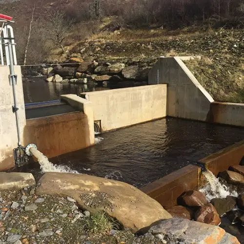 A colour image of The Beinn Eagagach Hydro Scheme working and generating electricity on Edradynate Estate, Perthshire